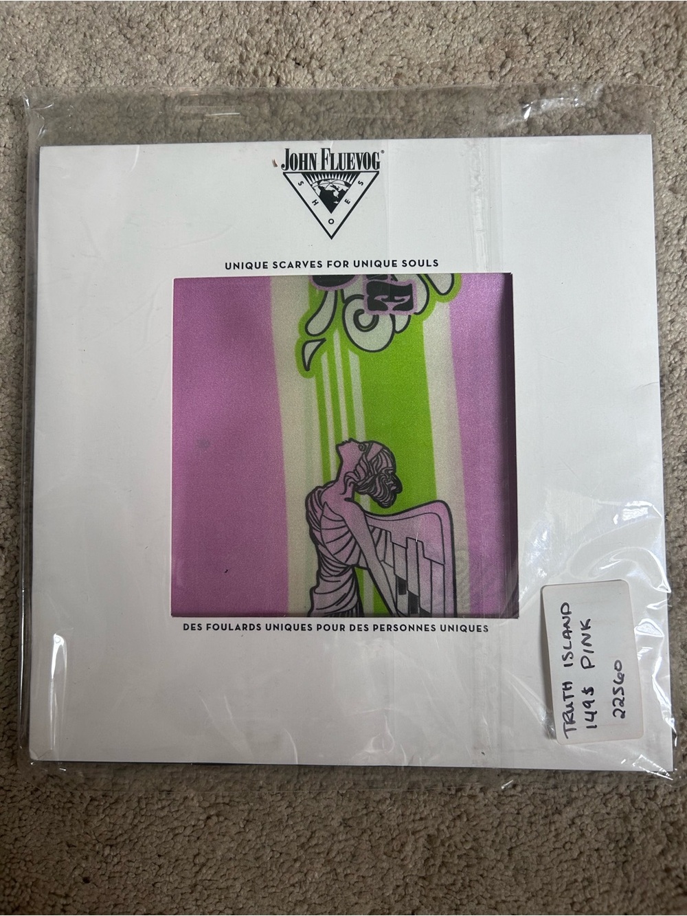 John Fluevog Pink and Lime Green Silk Scarf- Truth Island